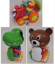 kocke za sestavljanje v plastični embalaži v obliki avta, dinozavra in medvedka