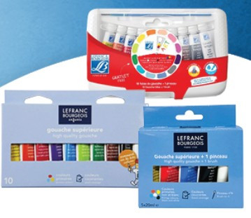 3 različne embalaže tempera barv znamke Lefranc Bourgeois , 2 sta v kartonski embalaži, ena v plastični embalaži