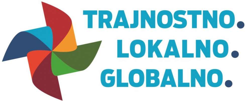 Na levi vetrnica. Na desni napis: Trajnostno. Lokalno. Globalno.