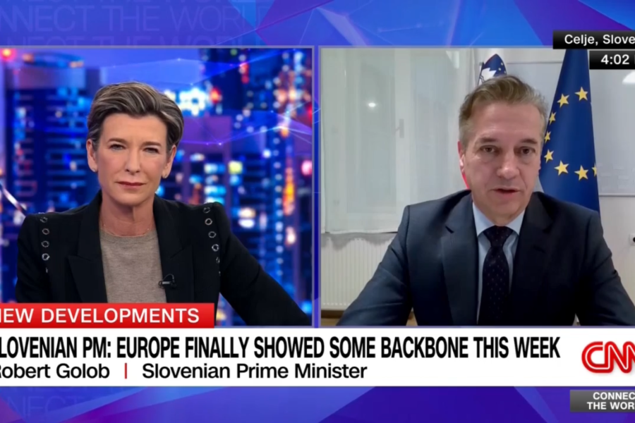 Two screens, on the left is a woman and on the right is a man