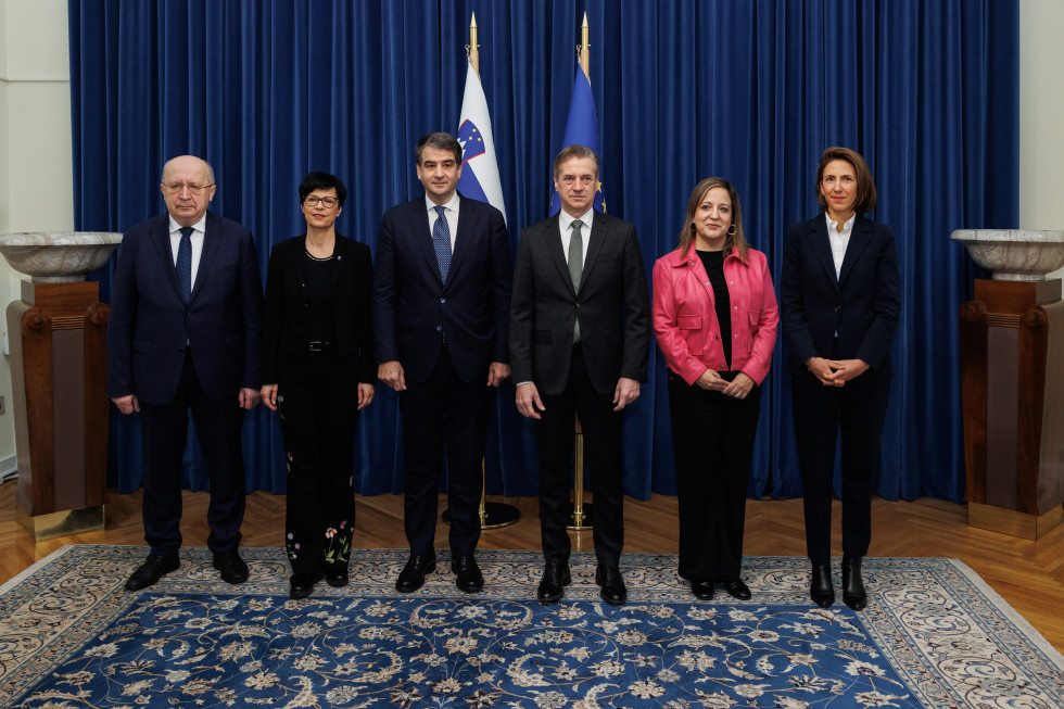 Predsednik vlade s komisarji pred zastavami