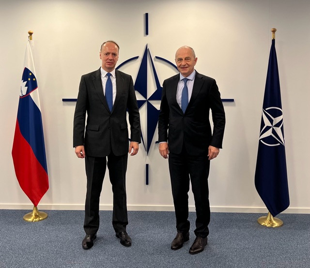 State Secretary for National and International Security Dr Andrej Benedejčič and Deputy Secretary-General Mircea Geoana in front of flags and NATO logo