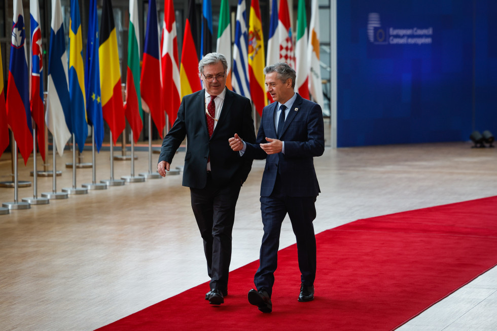 Prime Minister Robert Golob and State Secretary for National Security Vojko Volk upon arrival at the European Council meeting.