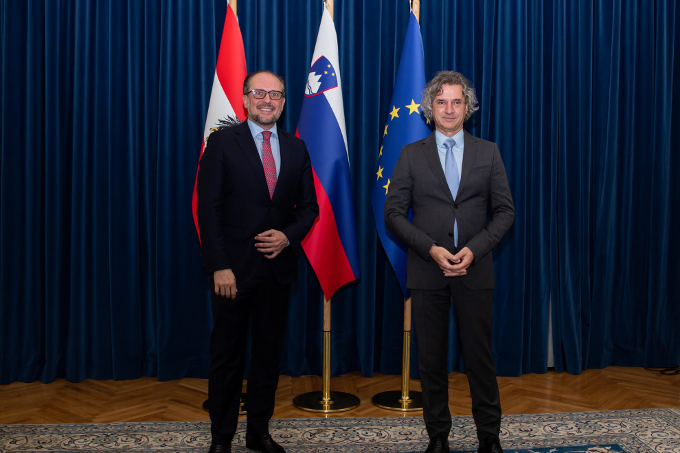 Prime Minister Dr Robert Golob and Austrian Minister for European and International Affairs Alexander Schallenberg in front of the flags