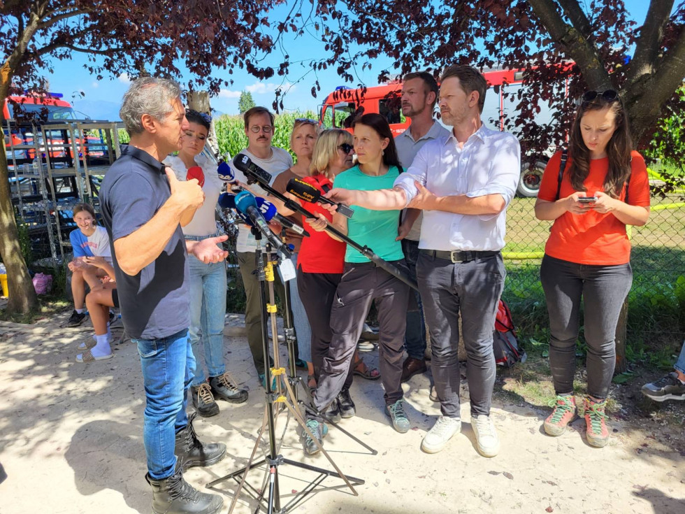 Prime Minister Robert Golob talks to the press afer visiting the flood-affected areas of Komenda and Mengeš.