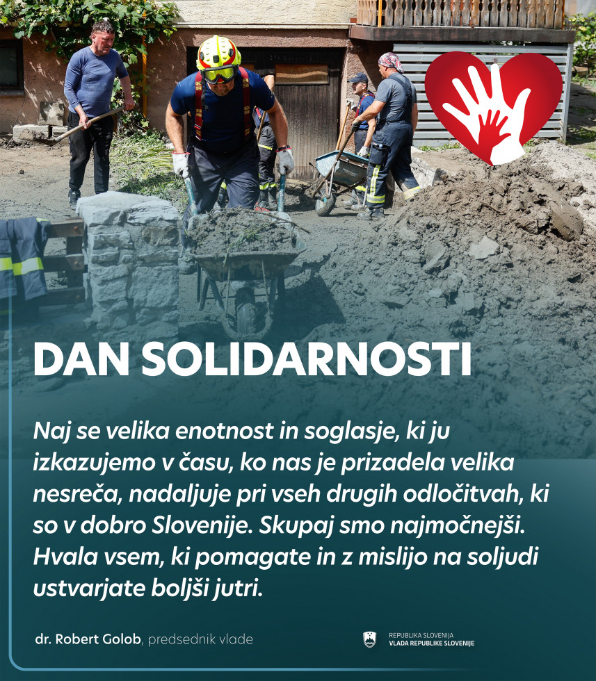 Prostovoljci odpravljajo posledice poplav, spodaj napis Dan solidarnosti  in del besedila iz poslanice ob dnevu solidarnosti.