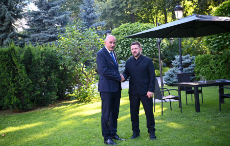 Ukrajina9 (Two men shake hands and pose for a photograph in a landscaped garden. One is wearing a dark blue suit with a blue tie, while the other is dressed in black. Greenery, garden furniture and a large parasol can be seen in the background.)