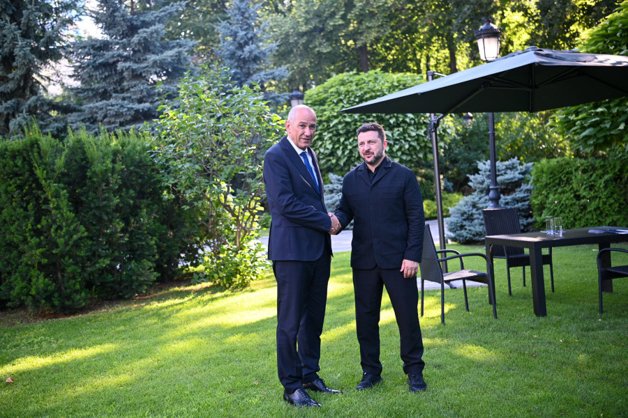 Two men shake hands and pose for a photograph in a landscaped garden. One is wearing a dark blue suit with a blue tie, while the other is dressed in black. Greenery, garden furniture and a large parasol can be seen in the background.