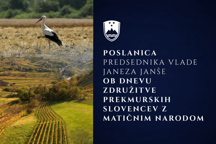 Na levi strani slika štorklje, na desni napis: poslanica predsednika vlade Republike Slovenije Janeza Janše ob dnevu združitve prekmurskih Slovencev z matičnim narodom.