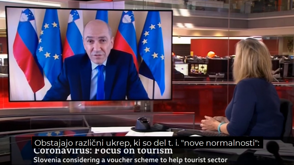 Predsednik vlade Janez Janša med pogovorom za BBC News