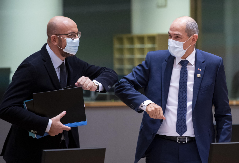 Prime Minister Janez Janša greets President of the European Council Charles Michel.