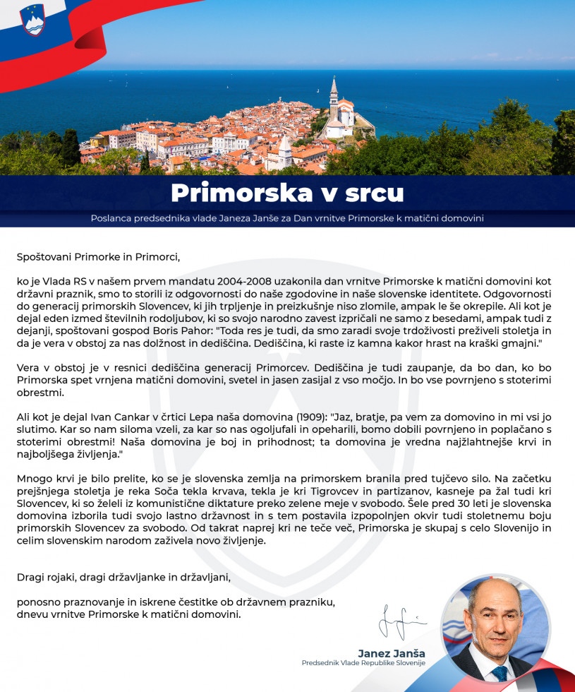 Address by Prime Minister Janša on the Day of Restoration of the Primorska Region to the Motherland.