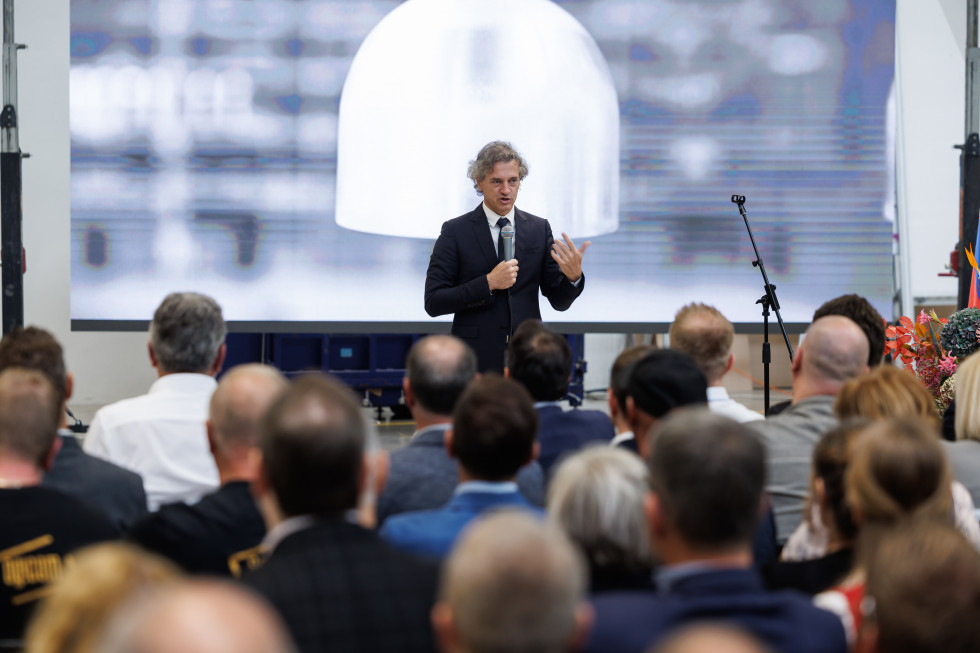 Prime Minister Robert Golob addresses attendants in the official opening of Intra Lighting's new factory