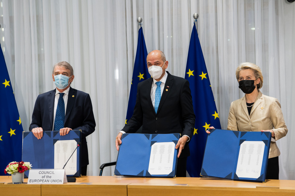 David Sassoli, Janez Janša and Ursula von der Leyen.