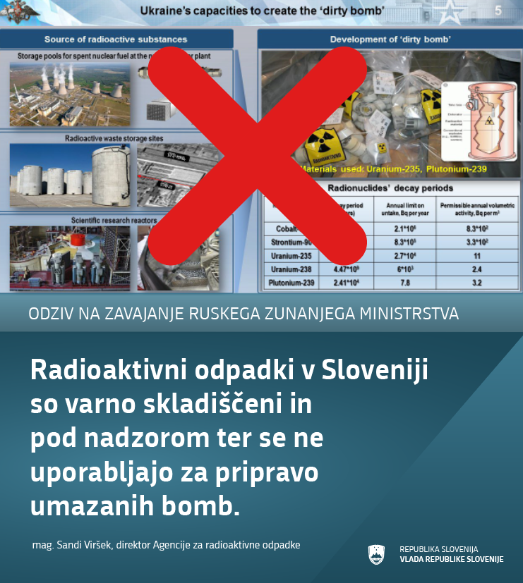 Odziv na zavajanje ruskega zunanjega ministrstva: Radioaktivni odpadki v Sloveniji so varno skladiščeni in pod nadzorom ter s ene uporabljajo za pripravo umazanih bomb. Mag. Sandi Viršek, direktor Agencije za radioaktivne odpadke.