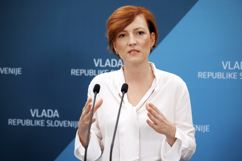 Minister of Culture Asta Vrečko at the press conference after the government meeting