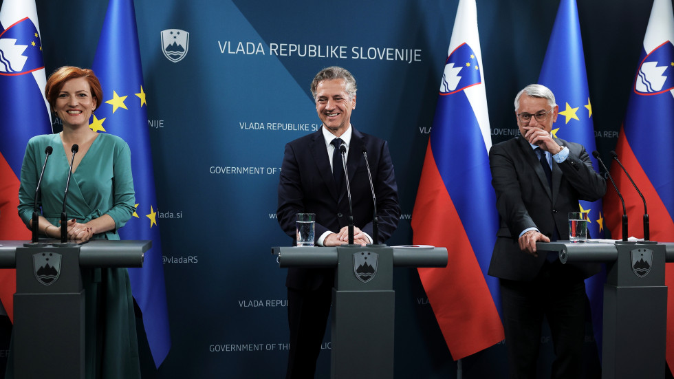 Prime Minister Robert Golob, Minister of Culture Asta Vrečko and Minister of Economy, Tourism and Sport Matjaž Han at the press conference marking the second anniversary of the current government