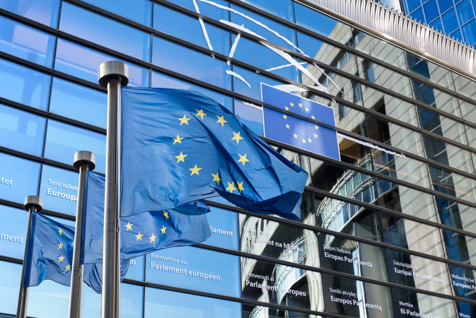 European flags in front of the European parliament in Brussels