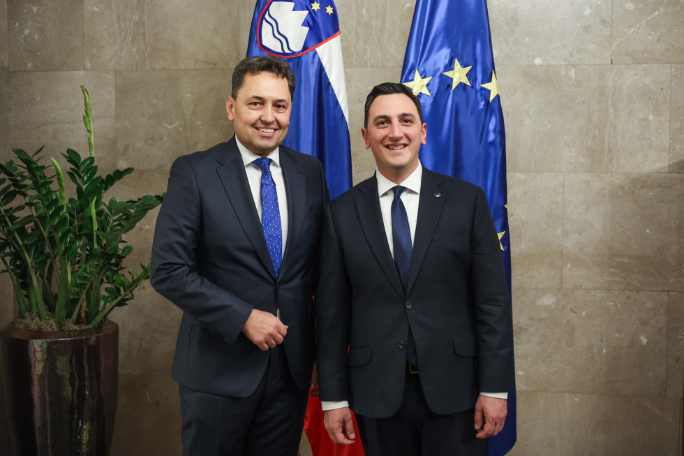 Državni sekretar in evropski komisar stojita pred kamerami. Zadaj slovenska in evropska zastava.