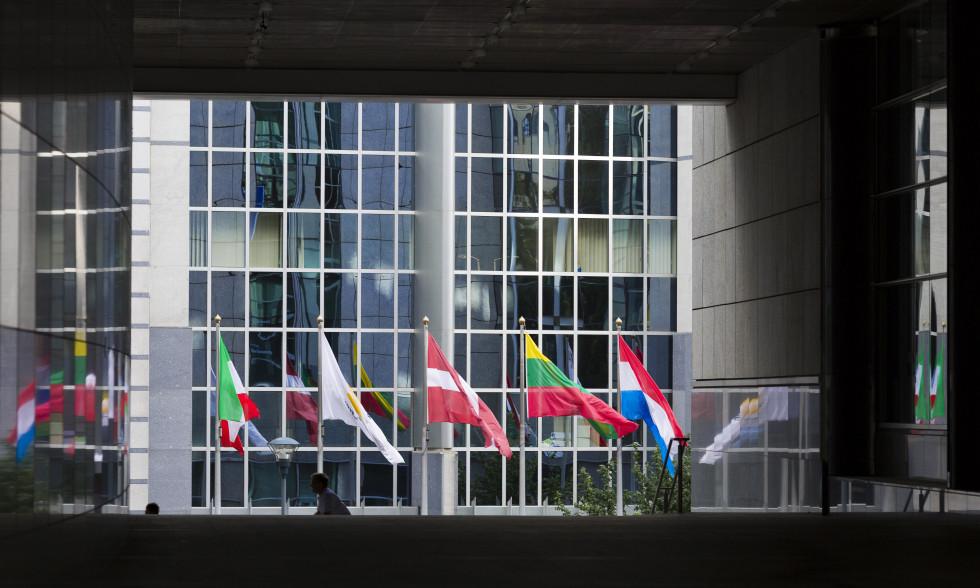 Flags of EU member states in front of the EI parliament