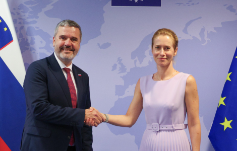 fotka kvadrat (Two officials shake hands before an EU backdrop with flags; man in dark suit, red tie, woman in lavender dress.)