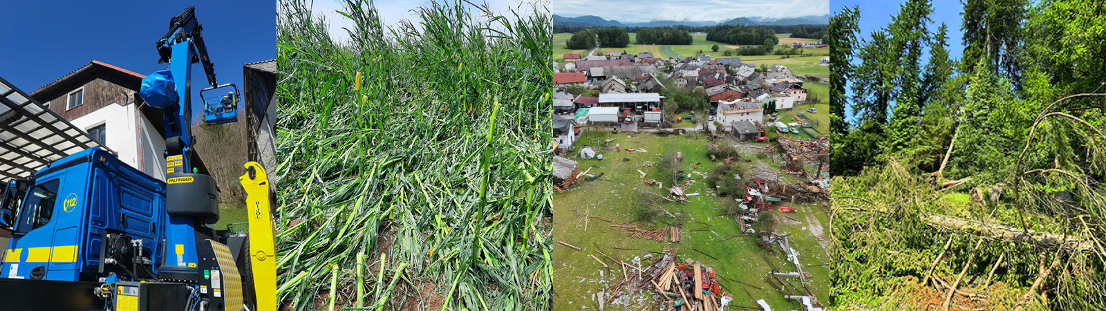 Dekorativno: kolaž štirih fotografij, ki prikazujejo posledice neurja in odpravljanje posledic