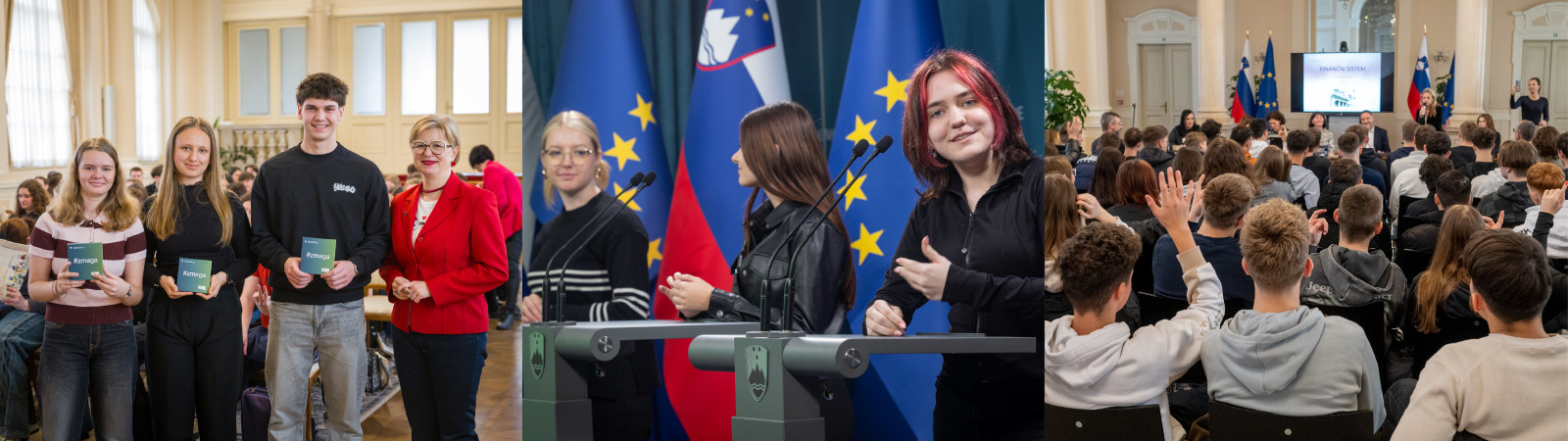 Dekorativno: kolaž treh fotografij, ki prikazujejo dijake v prostorih vlade