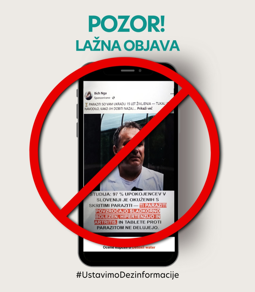 Slika zaslona telefona na keteri je Erik Brecelj, čez njo rdeč krog s črto in napis: Pozor, lažna objava.