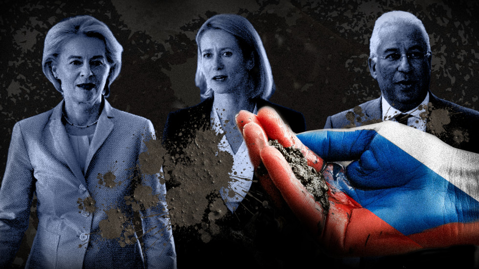 Roka v barvah ruske zastave meče blato na novo vodstvo EU, Ursulo von der Leyen, Kajo Kallas in Antónia Costo.