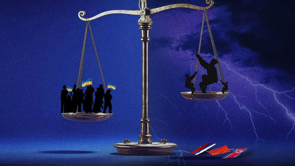 V ospredju je tehtnica. Na levi strani stojijo ljudje, ki držijo ukrajinsko zastavo, tehtnica se preveša na njihovo stran. Na desni strani so obrisi treh ljudi. Na tleh pod njimi ležijo ruska, kitajska in severnokorejska zastava.