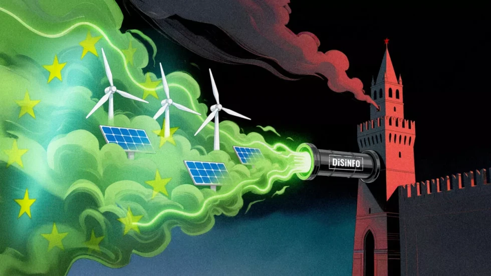 Top iz Kremlja strelja zelen dim z napisom dezinformacije proti simbolom Evropske unije, v katerega so vrisane vetrnice in sončne celice.