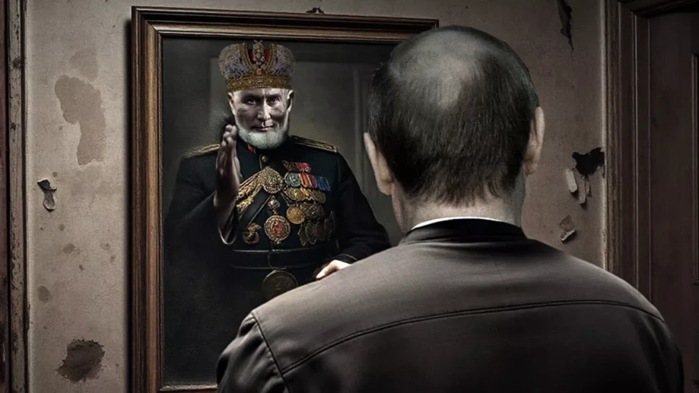 Vladimir Putin v zrcalu gleda svojo podobo, na sebi ima krono in vojaško uniformo z odlikovanji.