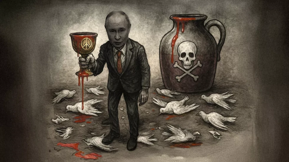 Putin v roki drži okrvavljen kelih z znakom za mir, okoli njega ležijo mrtve golobice 
