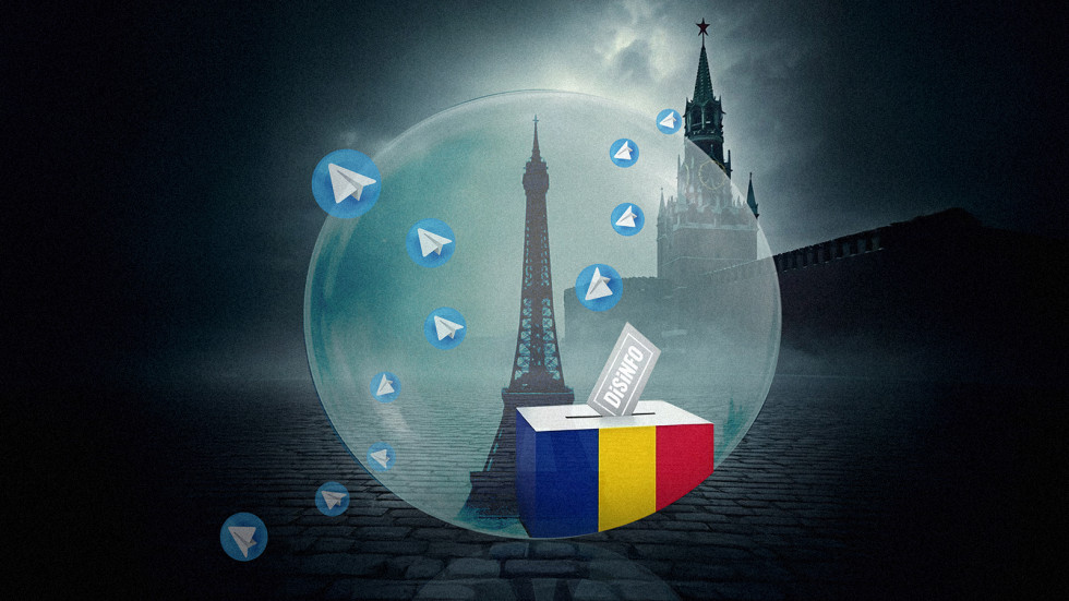 Glasovalna skrinjica z romunsko zastavo in glasovnico z napisom dezinfo, v ozadju Kremelj in Eifflov stolp , okrog letijo logotipi aplikacije Telegram