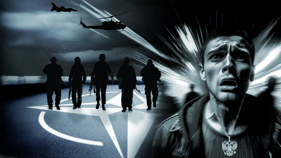 Črne silhuete petih oboroženih vojakov, ki hodijo po simbolu Nata, narisanem na tleh, nad njimi črni silhueti vojaškega letala in helikopterja, v ospredju prestrašen ruski vojak, ki beži pred eksplozijo za njim.
