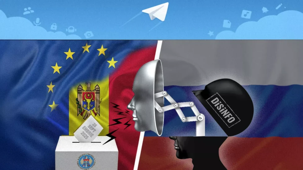 Levo sta zastava Eu in Moldavije, pod njima volilna skrinjicam desno ruska zastava in obraz robota, ki govori proti levi strani, na glavi ima napis Dezinfo