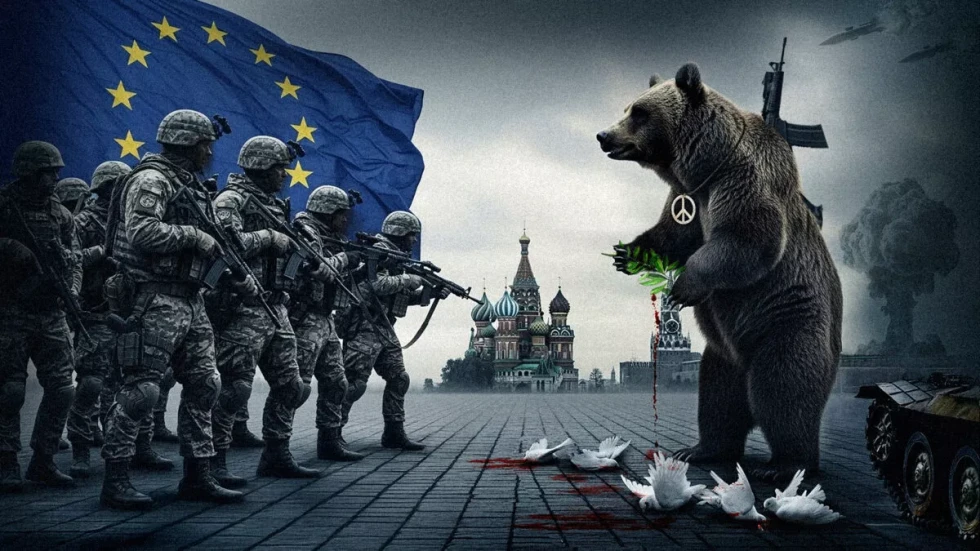 Oboroženi vojaki, za njimi zastava EU, so soočeni z medvedom, pred katerim so na tleh pobiti beli golobi, v ozadju pa stavba Kremlja.