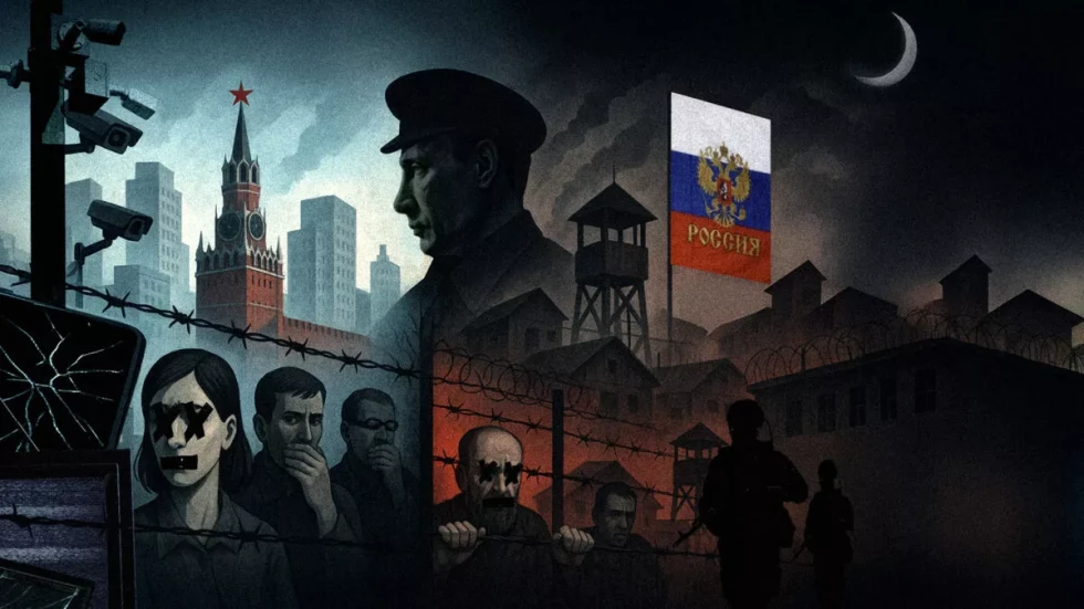 Temačna ilustracija z bodečo žico, stražnimi stolpi, prečrtanimi obrazi ljudi, nadzornimi kamerami ter Putinom in Kremljem v ozadju.