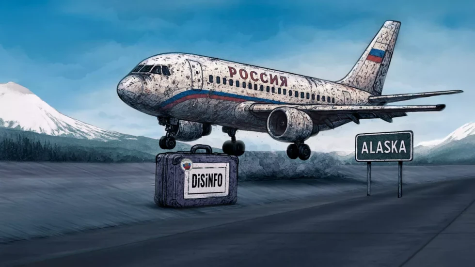 Ilustracija ruskega letala, ki je pristalo na Aljaski. Pred letalom je kovček z napisom dezinfo in ruskim emblemom.