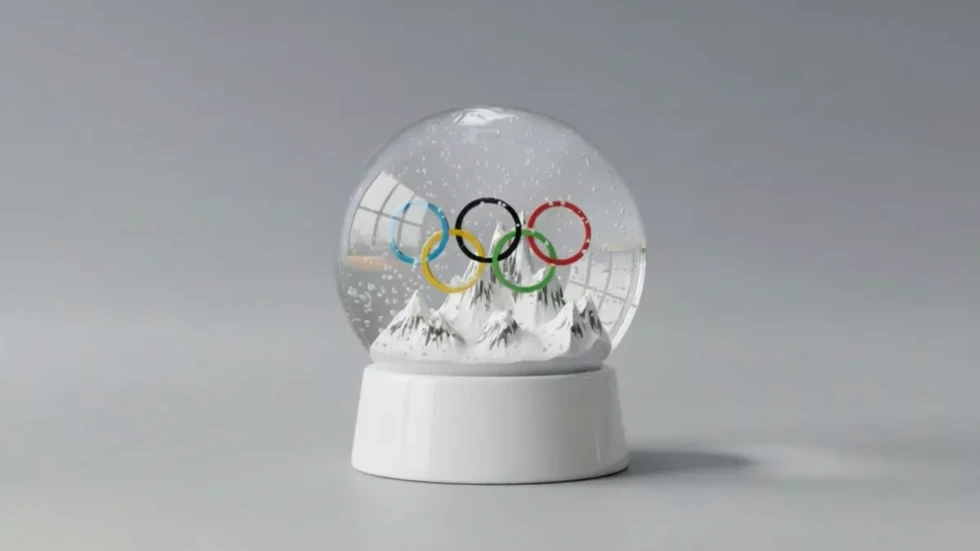 Steklena snežna krogla na belem podstavku. V njej so zasnežene gore, nad njimi pa olimpijski krogi.