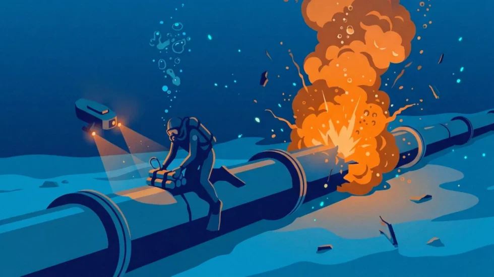 Potapljač namešča eksploziv na plinovod na morskem dnu, za njim je odjeknila eksplozija.