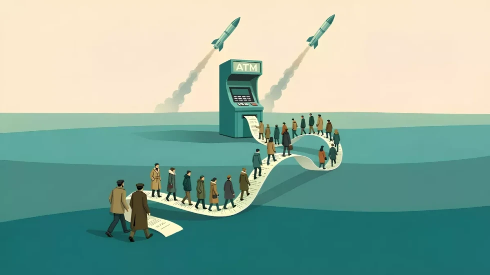 Ljudje stojijo pred bankomatom, iz katerega se vije dolg račun, v ozadju proti nebu letijo rakete.