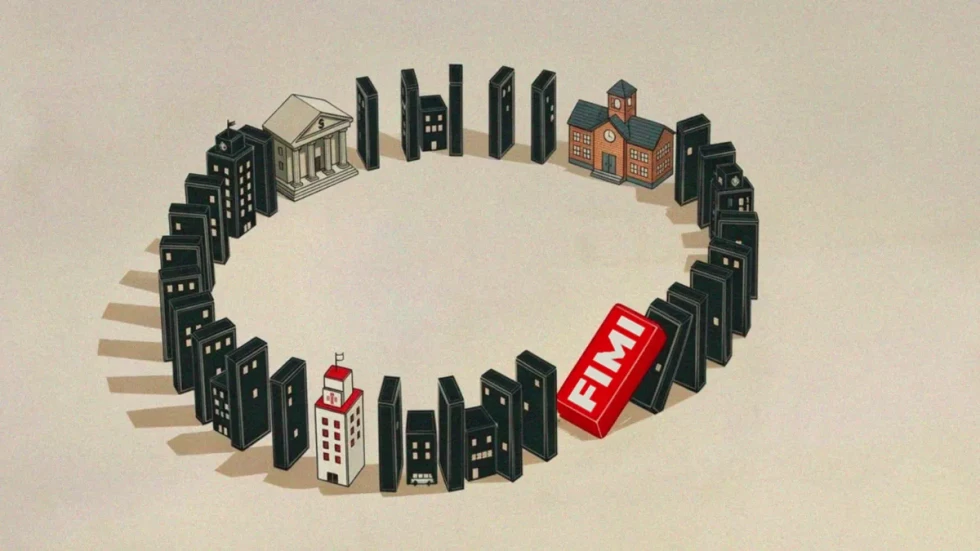 Ilustracija v krog postavljenih domin, med njimi nekaj stavb, ki ponazarjajo vladne institucije. Ena izmed domin z napisom Fimi se podira in grozi, da bo podrla ostale domine.