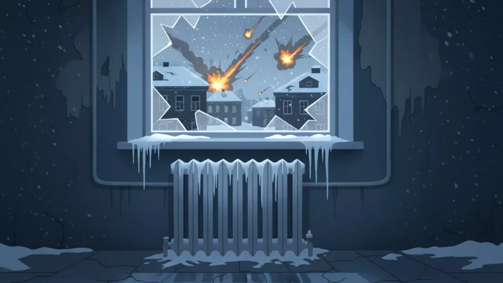 Zamrznjen radiator pod razbitim oknom z raketnimi napadi na mesto v ozadju.