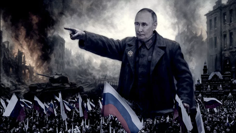 Putin v vojaški  uniformi kaže v daljavo, za njim vojno uničenje, pred njim množica z ruskimi zastavami na Rdečem trgu.