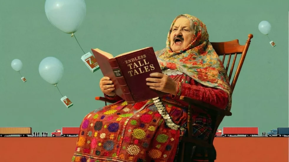 Starejša ženska z obrazom Lukašenka na stolu bere knjigo z naslovom Endless Tall Tales, v zraku lebdijo baloni z majhnimi paketi, v ozadju se vije kolona tovornjakov.