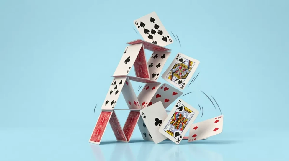 Nestabilna hiša iz igralnih kart se podira, posamezne karte padajo.