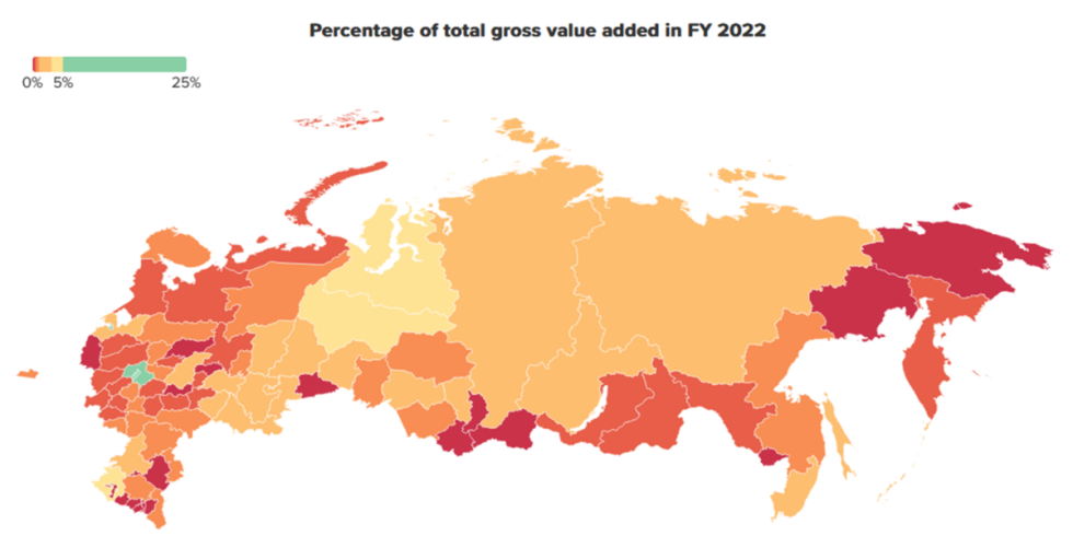 Zemljevid Rusije, ki po regijah prikazuje delež skupne dodane vrednosti z barvno lestvico.