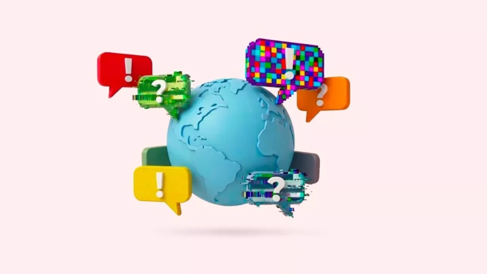 Globus, okoli katerega so barvni oblački za sporočila z vprašaji in klicaji.