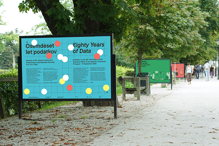 Zunanja sprehajalna pot v parku z velikim plakatom, ki promovira razstavo z naslovom 'Osemdeset let podatkov' ob 80. obletnici Statističnega urada Republike Slovenije. Plakat v parku je v slovenščini in angleščini, z barvnimi krogi na svetlo modrem ozadju